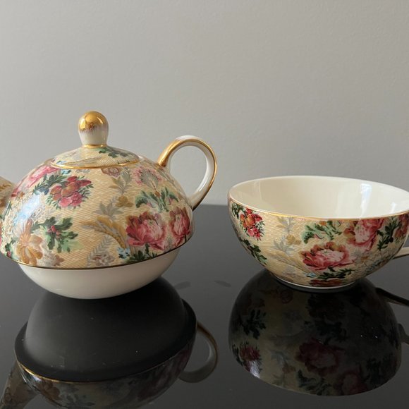 Skye McGhie Tea for One "Wild Rose" Chintz Porcelain 3pc Teapot and Teacup Set - Picture 2 of 3